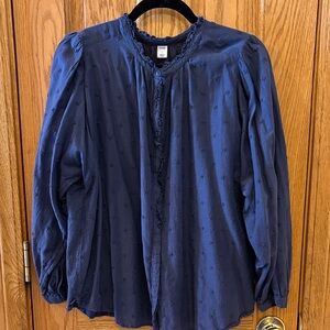 Old Navy Dark Blue Ruffled Top with Embroidered Accents